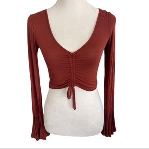 Forever 21 Burnt Orange Deep V-Neck Crop Top W/ Bell Sleeves & Tie Front